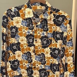 🕺🐠Zara Man Slim Fit floral gold white blue button down shirt small
